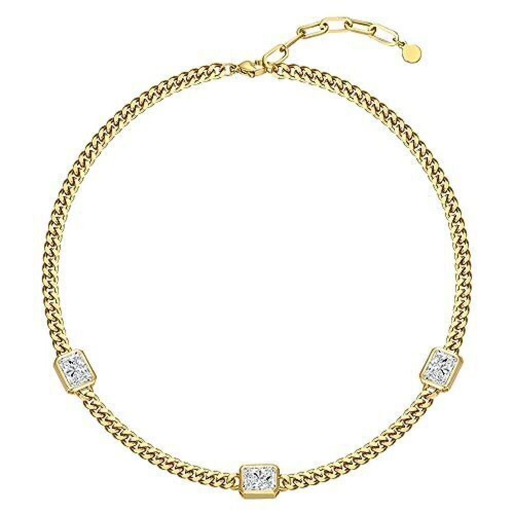 8641 18K Gold Plated CZ Station Necklace Dainty 5mm Flat Cuban Curb Link